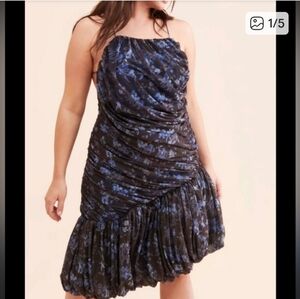 Anthropologie Let Me Be Strapless Ruched Floral Dress in Brown and Blue